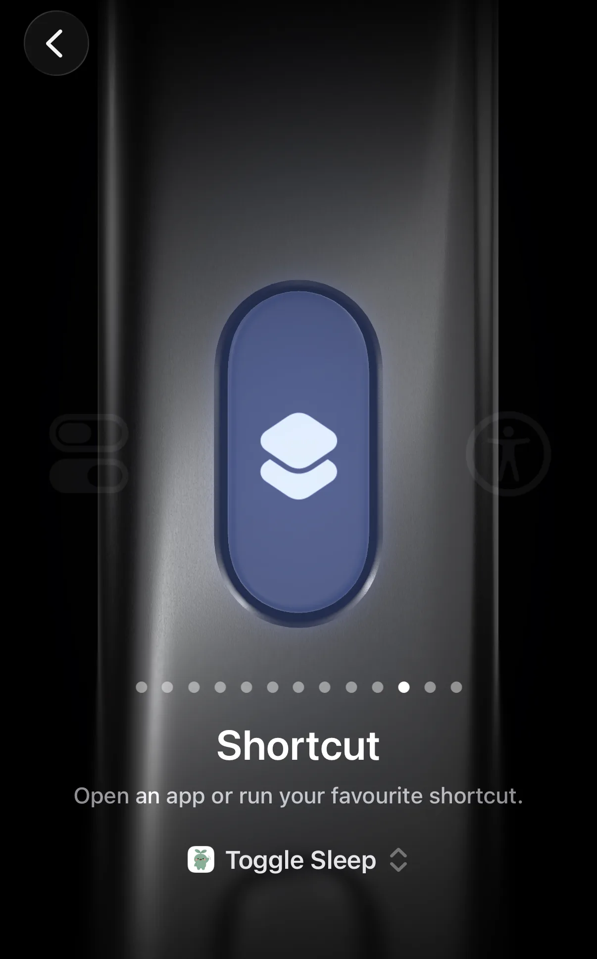 iPhone Action Button settings screen set to Shortcut with Vaava's Toggle Sleep selected