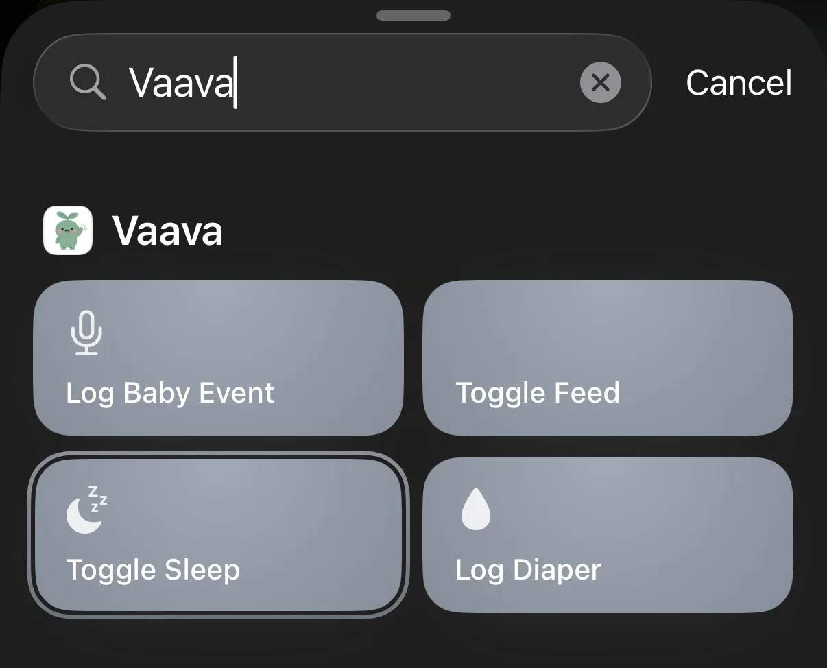 Shortcut picker in iPhone Settings showing Vaava's Log Baby Event, Toggle Feed, Toggle Sleep, and Log Diaper actions