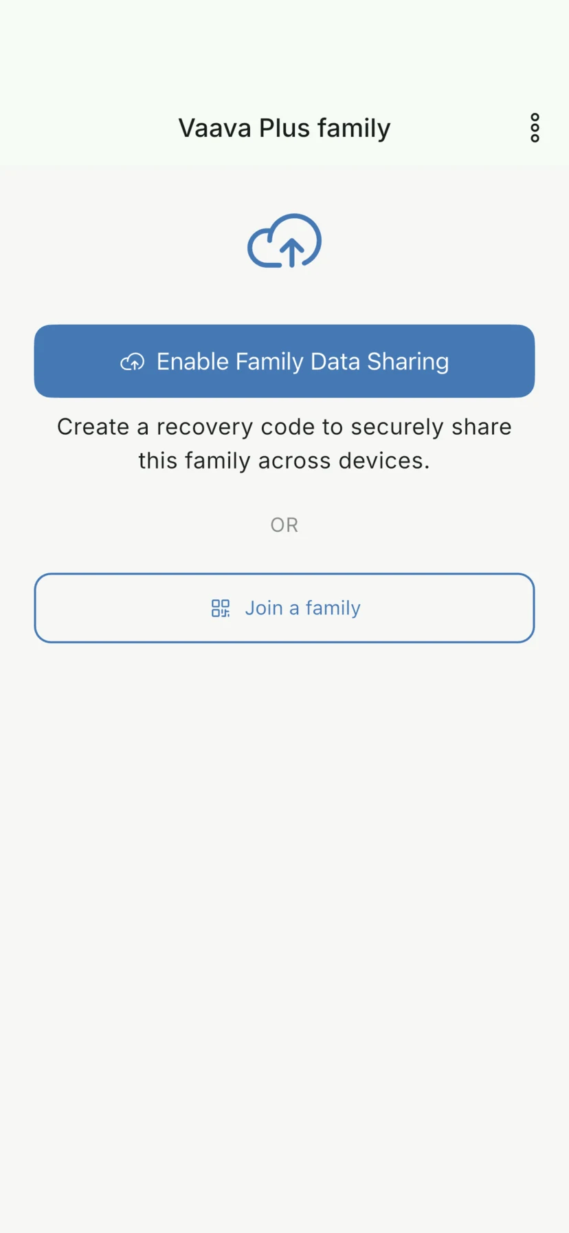 Vaava Plus Family Data Sharing settings screen with the Enable Family Data Sharing action