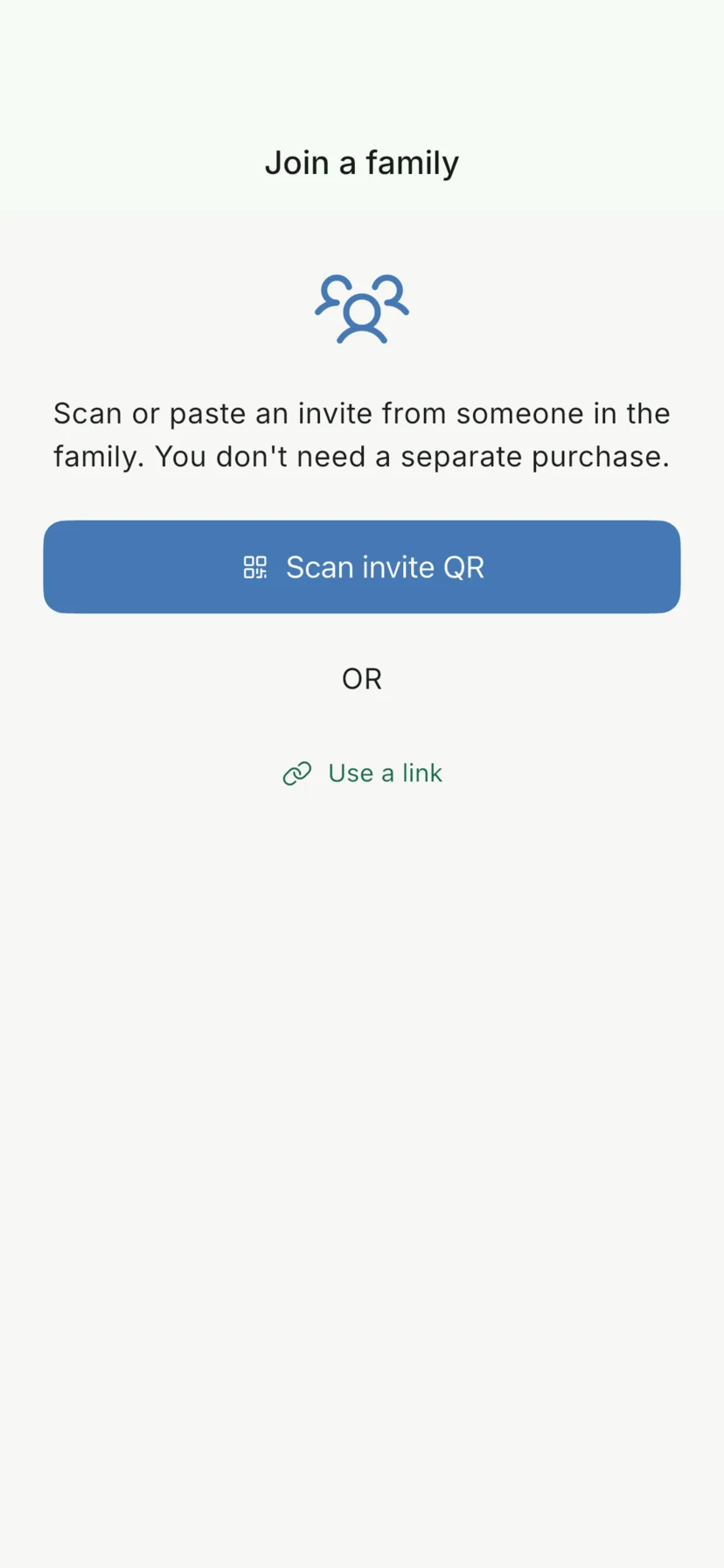 Vaava Join a family screen with the Use a link option for a pasted invitation