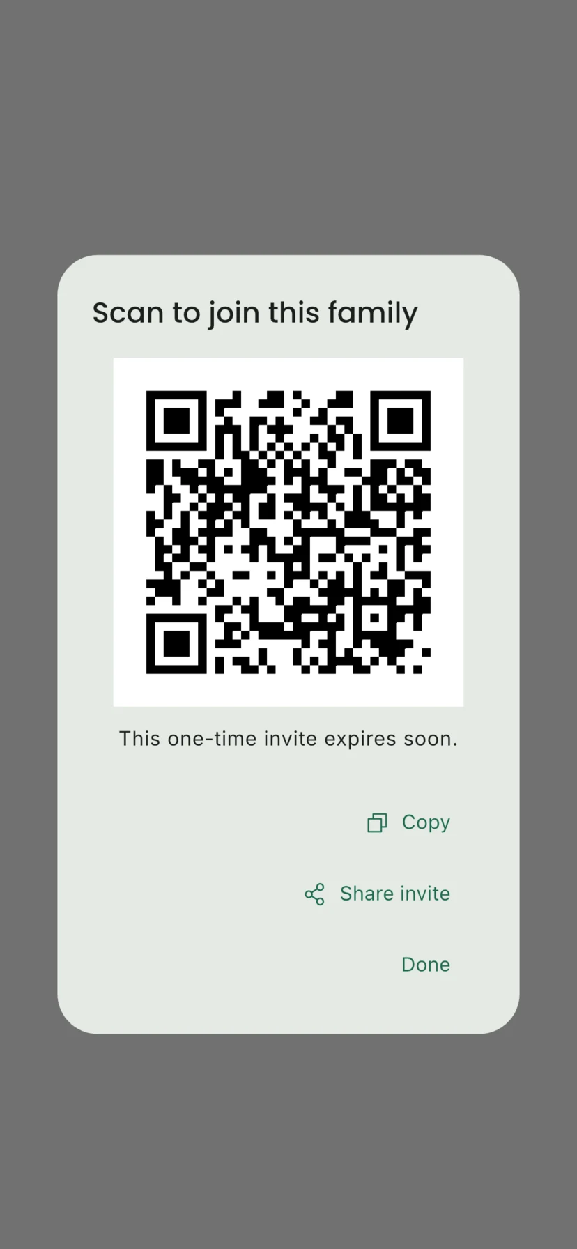 Vaava family invite dialog showing Scan to join this family and Share invite
