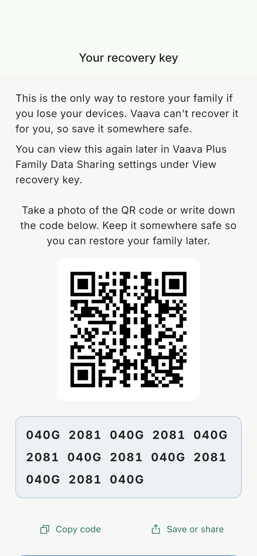 Vaava Your recovery key screen showing a recovery QR and the Save or share action