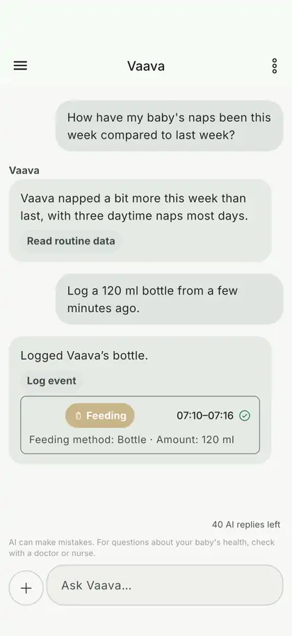 Vaava AI chat answering from logged baby data
