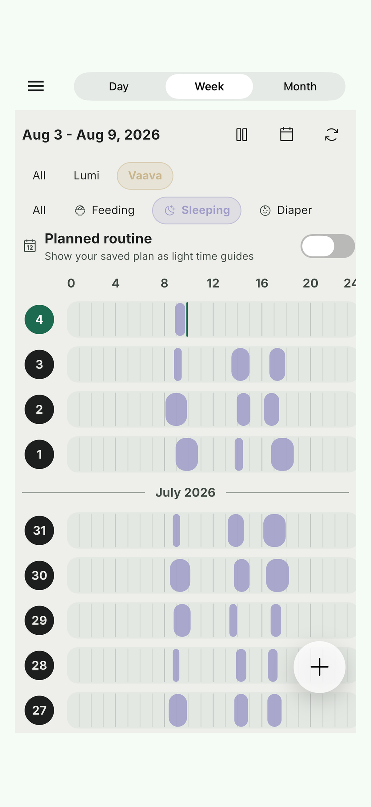 Vaava week view filtered to show sleep entries across days. Screenshot in English.