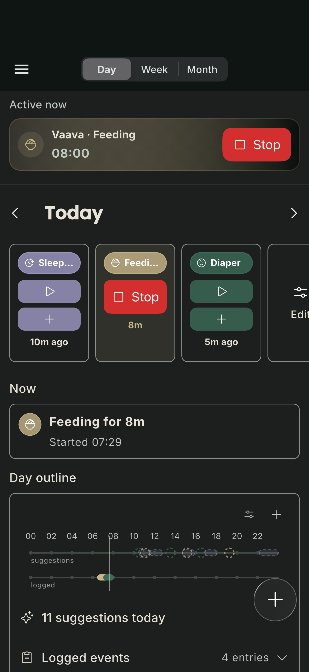 Vaava day view with sleep controls, an active feeding and a day outline. Screenshot in English.