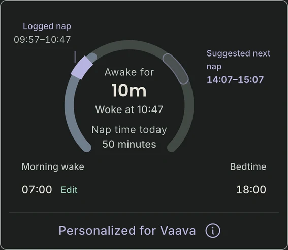 Sleep Guide in English showing a logged nap and a suggested nap window.