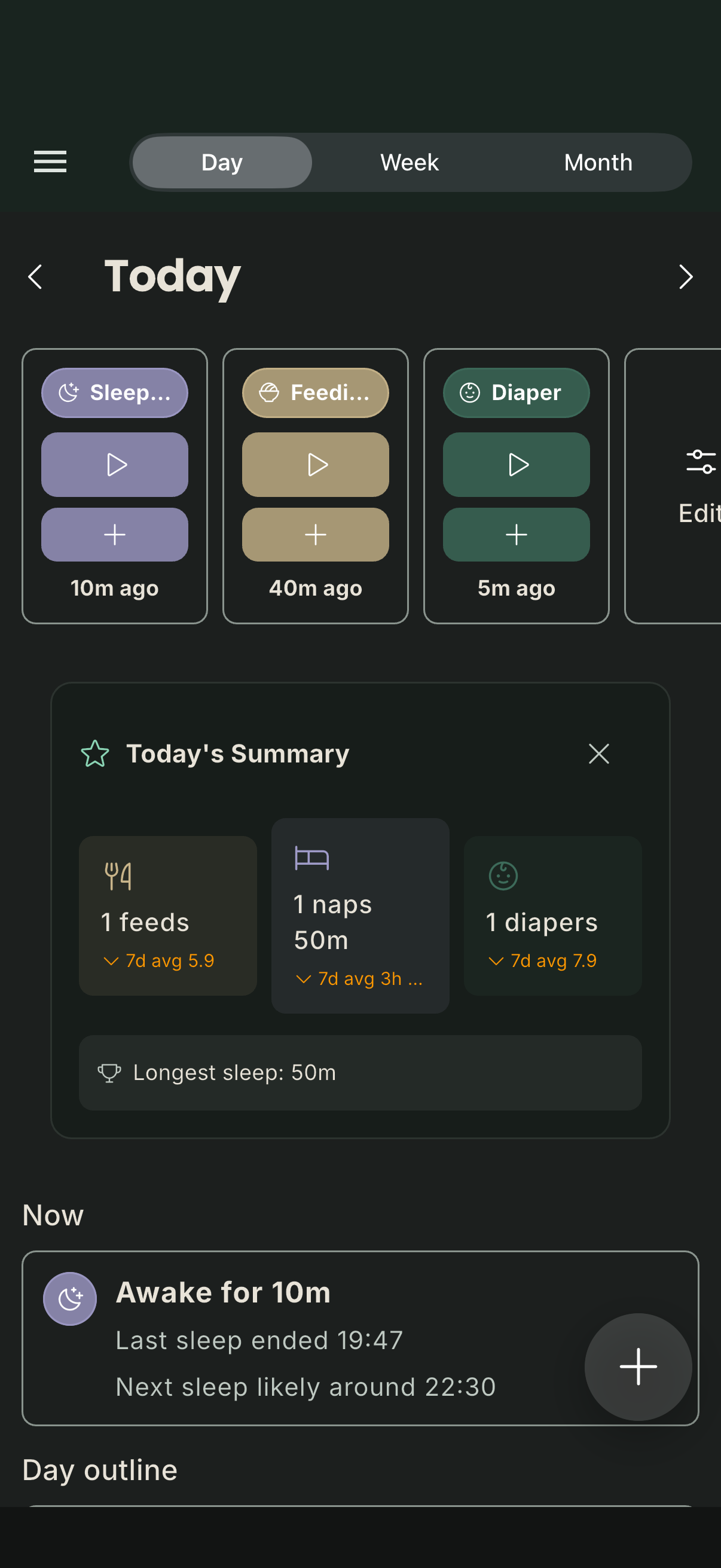 Vaava's daily summary of feeds, naps, and diapers